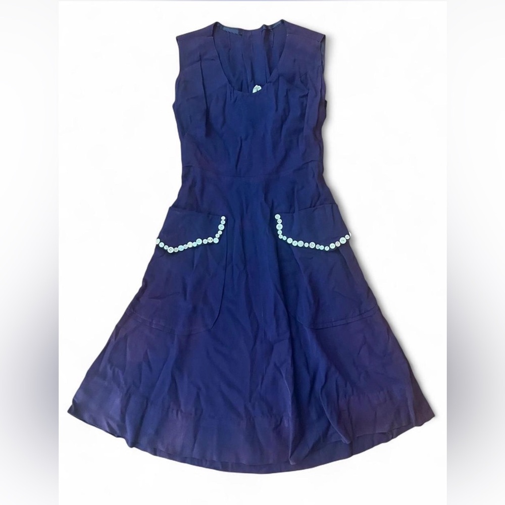 Vintage 1940s Navy Blue A-Line Dress Size Small with White Buttons on Pockets